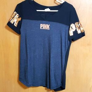 Pink athletic t-shirt black/black gray front rose gold sequins size small